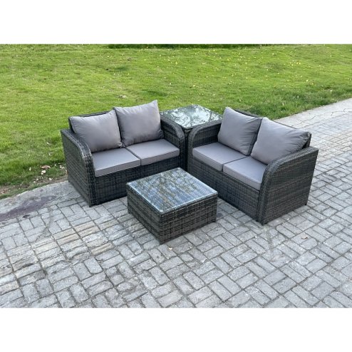 Fimous Rattan Sofa Set Outdoor Garden Furniture Set with Square Coffee Table Loveseat Sofa Side Table Dark Grey Mixed