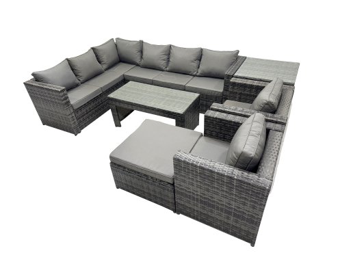 Fimous 7 Pieces Outdoor PE Rattan Garden Furniture Corner Sofa Oblong Coffee Table Set with Cushions Chair Big Footstool Side Table Dark Grey Mixed