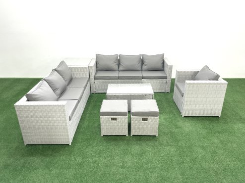 Fimous Wicker PE Rattan Sofa Garden Furniture Set with Armchair Oblong Coffee Table 2 Small Footstools Side Table Light Grey Mixed