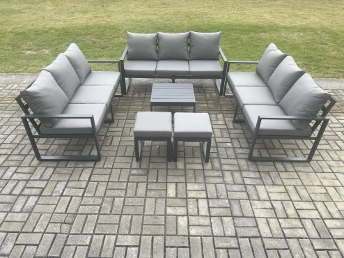 Fimous Aluminium 11 Seater Outdoor Garden Furniture Set Patio Lounge Sofa with Square Coffee Table 2 Small Footstools Conservatory Set Dark Grey