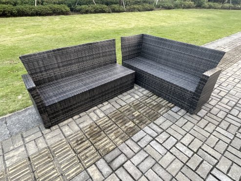 Fimous 8 Seater High Back Outdoor Garden Furniture Set Rattan Corner Sofa Set With Rectangular Coffee Table Big Footstool Armchair Dark Grey Mixed