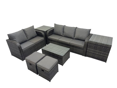 Fimous Outdoor Love Sofa 3 Seater Sofa Coffee Table Set Garden Rattan Furniture Set 7 Seater with 2 Small Stools 2 Side Tables Dark Grey