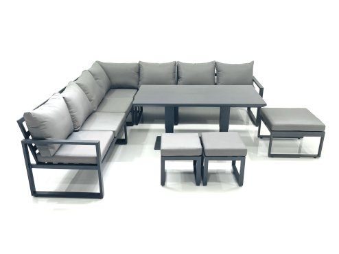 Fimous 10 Seater Outdoor Aluminum Garden Furniture Set Corner Sofa 3 Footstools Adjustable Rising Lifting Dining Table Sets Dark Grey