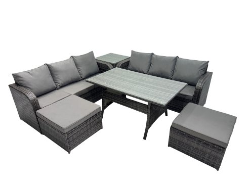 Fimous 8 Seat Outdoor Wicker PE Rattan Garden Furniture Set Dining Table Sofa Set with 2 Big Stools Side Table Dark Grey Mixed