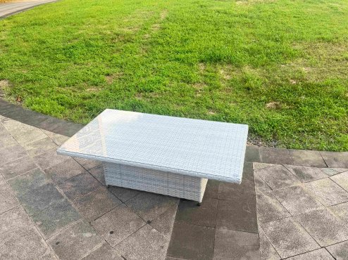 Fimous Light Grey Rattan Outdoor Garden furniture Set Height Adjustable Rising Lifting Table and 4 Chairs Set with Seat Cushion