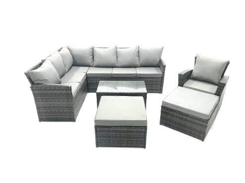 Fimous 9 Seater Rattan Lounge Corner Sofa Set Wicker PE Outdoor Garden Furniture Set with Coffee Table 2 Big Fotstools Dark Grey Mixed