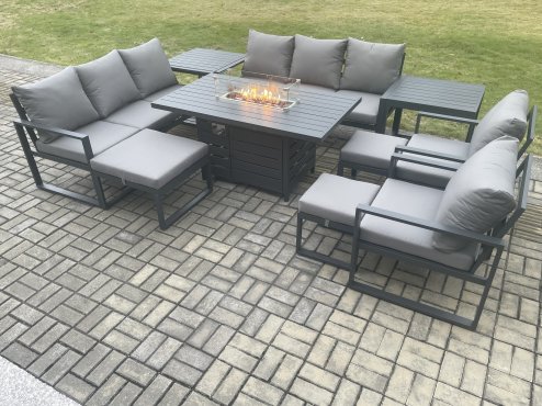 Fimous Aluminium Garden Furniture Outdoor Set Patio Lounge Sofa Gas Fire Pit Dining Table Set with 3 Footstools 2 Side Tables Dark Grey
