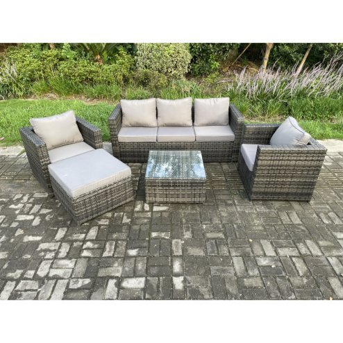 Fimous Rattan Garden Furniture Set Patio Outdoor Lounge Sofa Set with 2 Armchairs Square Coffee Table Big Footstool Dark Grey Mixed