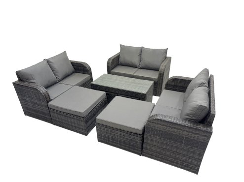 Fimous 3 Seater Sofa Reclining Chair Coffee Table Set Rattan Garden Outdoor Furniture Set with 2 Big Footstools Dark Grey Mixed