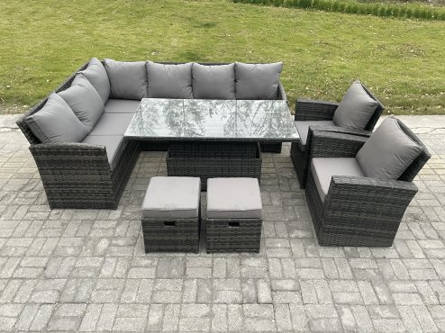 Fimous Outdoor Garden Furniture Set Wicker PE Rattan Height Adjustable Rising Lifting Table Sofa Dining Set with 2 Small Footstool 2 Armchairs Dark Grey Mixed