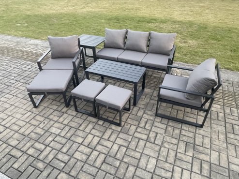 Fimous Aluminium 8 Pieces Garden Furniture Sofa Set with Cushions 8 Seater Outdoor Patio Set with 2 Armchair 3 Footstools Side Table Dark Grey