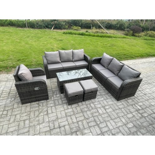 Fimous Patio Garden Furniture Sets Wicker 9 Seater Outdoor Rattan Furniture Sofa Sets with Rectangular Coffee Table Reclining Chair 2 Small Footstools
