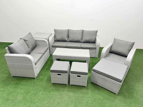 Fimous Patio PE Wicker 9 Seater Outdoor Rattan Furniture Sofa Sets with Oblong Coffee Table Reclining Chair Loveseat Sofa 3 Seater Sofa Stool Side Table Light Grey