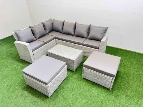 Fimous 8 Seater Garden Outdoor PE Rattan Furniture Set Rattan Garden Sofa Set with Oblong Coffee Table Light Grey Mixed
