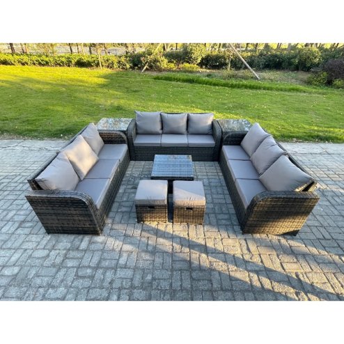 Fimous 11 Seater Rattan Outdoor Furniture Set Patio Garden Sofa Set with Square Coffee Table 3 Seater Sofa 2 Small Footstools 2 Side Tables Dark Grey Mixed