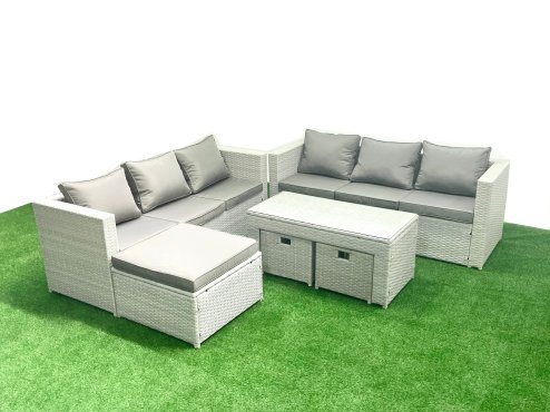 Fimous 9 Seater Garden Outdoor Rattan Furniture Set Rattan Garden Sofa Oblong Coffee Table with 3 Footstools Light Grey Mixed