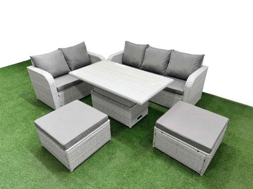 Fimous 7 Seater PE Rattan Wicker Garden Furniture Patio Conservatory Sofa Set with Adjustable Lifting Dining or Coffee Table 3 Seater Sofa Love Sofa 2 Big Footstool