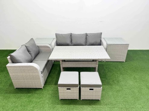 Fimous 7 Seater PE Rattan Wicker Garden Furniture Patio Conservatory Sofa Set with Rectangular Dining Table 3 Seater Sofa Love Sofa 2 Stools 2 Side Table