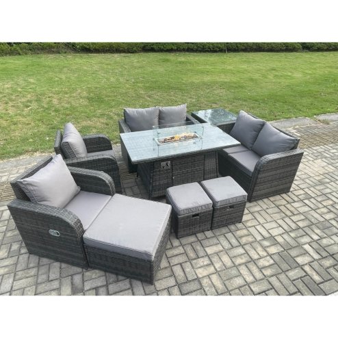 Fimous 9 Seater Rattan Garden Furniture Set Propane Gas Fire Pit Table and Sofa Chair set with 3 Footstool Side Table