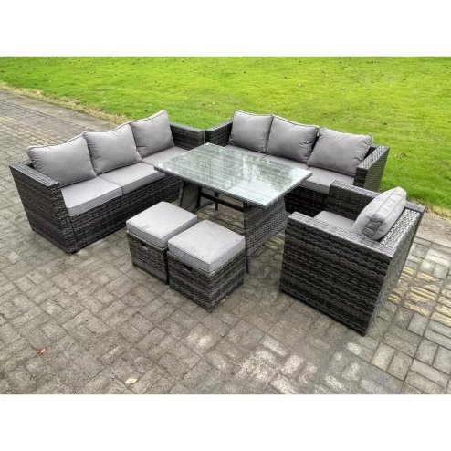 Fimous 9 Seater Wicker PE Rattan Garden Dining Set Outdoor Furniture Sofa with Patio Dining Table Armchair 2 Small Stools Dark Grey Mixed