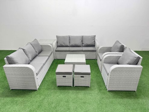 Fimous PE Rattan High Back Lounge Sofa Set Patio Square Coffee Table & Chairs Set with 3 Seater Sofa Reclining Chair Stools Side Table Light Grey