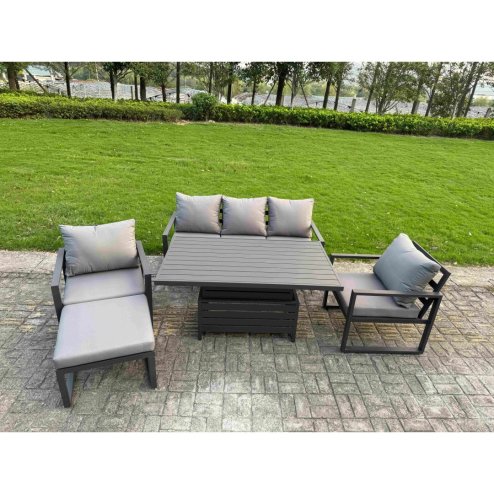 Fimous 6-Piece Aluminium Garden Furniture Sets 5 Seater Outdoor Sofa Set with Adjustable Rising Lifting Dining Table 2 Chairs 2 Side Tables