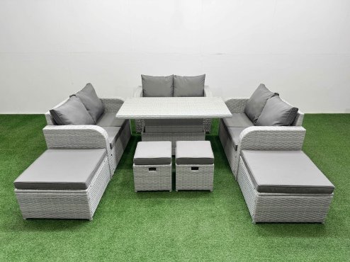 Fimous 8 PCs Rising Dining Table Set Inclining Love Sofa Seat 2 Big Footstool 2 Small Stool Light Grey
