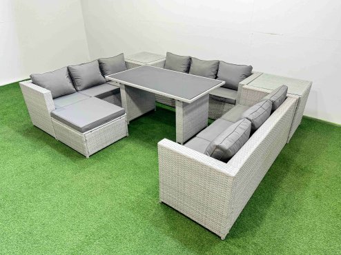 Fimous Patio Outdoor Garden Furniture Sets with Black Glass Top Dining Table 3 Seater Sofa 2 Side Tables Big Stool Light Grey