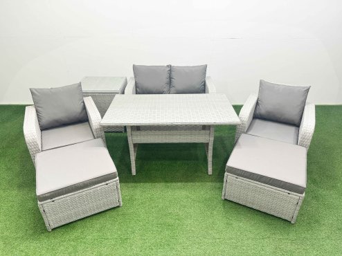 Fimous Light Grey PE Wicker Rattan Garden Furniture Set Sofa Set Reclining Chair Rectangular Dining Table 6 Seater 2 Big Stools Side Table