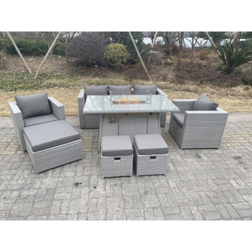 Fimous Light Grey Rattan Fire Pit Garden Furniture Set Gas Heater Burner Chairs With 3 PC Stools
