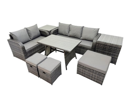 Fimous Garden Rattan Outdoor Furniture Set 8 Seater with Love Sofa 3 Seater Sofa 2 Side Table 3 Stool Dark Grey