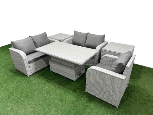 Fimous High Back Poly Rattan Garden Furniture Set with Reclining Chair Loveseat Sofa Adjustable Lifting Dining or Coffee Table Indoor Outdoor Patio Set 2 Side Table Light Grey