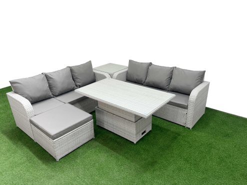 Fimous Outdoor Garden Furniture Sets 7 Seater Wicker Rattan Furniture Sofa Sets with Adjustable Lifting Dining or Coffee Table high Back Lounge Sofa Big Footstool Side Table Light Grey
