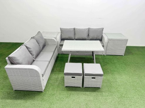 Fimous Patio Dining Table & Chairs Set Rattan High Back Lounge Sofa Set with 3 Seater Sofa 2 Side Tables 2 Small Stool Light Grey