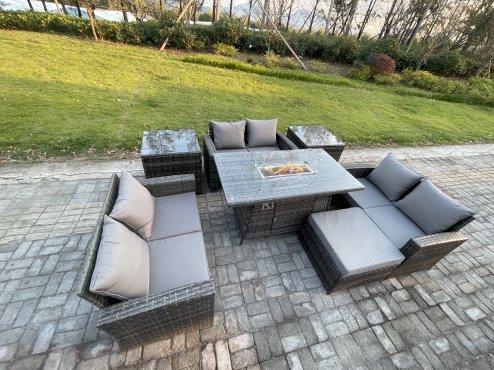 Fimous High Back Rattan Garden Furniture Sofa Sets with Outdoor Furniture Gas Firepit Dining Table Set 2 Side Tables Big Footstool Dark Grey Mixed