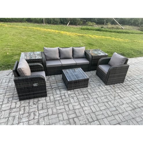 Fimous Garden Furniture Sets 5 Seater Wicker Rattan Furniture Patio Sofa Sets with Reclining Chair 3 Seater Sofa 2 Side Tables Dark Grey Mixed