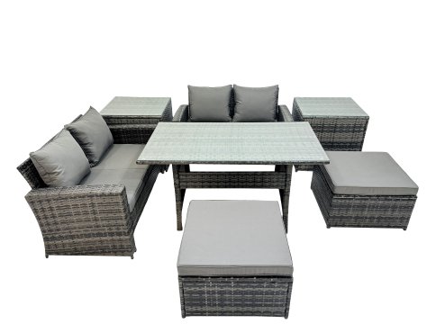 Fimous 6 Seater Wicker PE Rattan Furniture Outdoor Dining Table Double Seat Sofa 2 Side Table 2 Big Stools Set Dark Grey Mixed