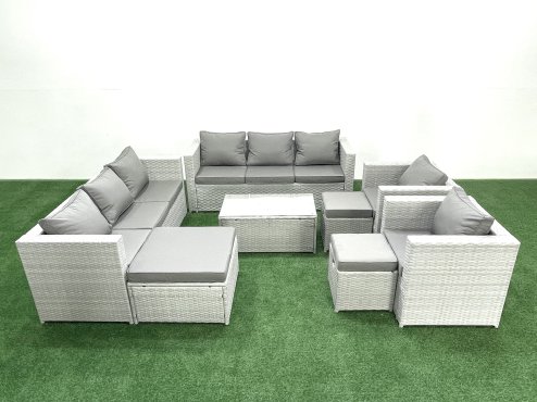 Fimous Outdoor Rattan Sofa Garden Furniture Set with 2 Armchairs Oblong Coffee Table 3 Footstools Light Grey Mixed