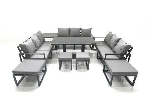 Fimous 13 Seater Garden Sofa Set Aluminium Furniture Rising Dining Tabe Set with Side Table 4 Footstools Dark Grey