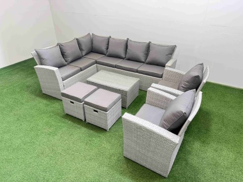 Fimous 10 Seater Garden Outdoor PE Rattan Furniture Set Rattan Garden Sofa Set with 2 Small Footstools Light Grey Mixed