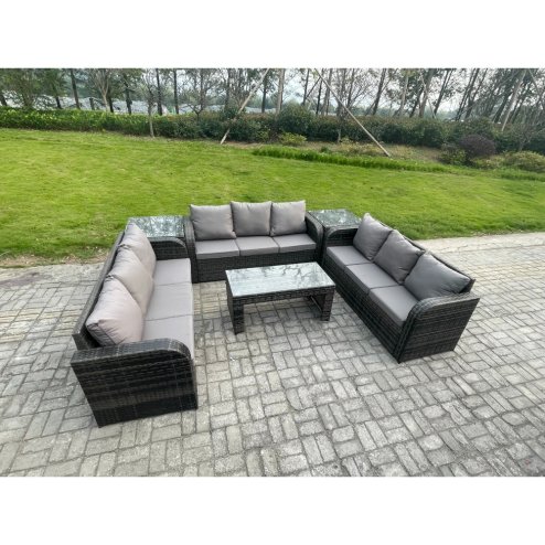 Fimous 9 Seater Outdoor Lounge Sofa Set Rattan Garden Furniture Set with Rectangular Coffee Table 2 Side Tables 3 Seater Sofa Dark Grey Mixed