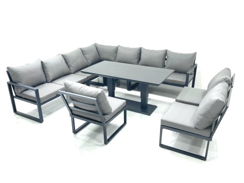 Fimous 10 Seater Outdoor Aluminum Garden Furniture Set Corner Sofa Rising Lifting Dining Table Sets Dark Grey