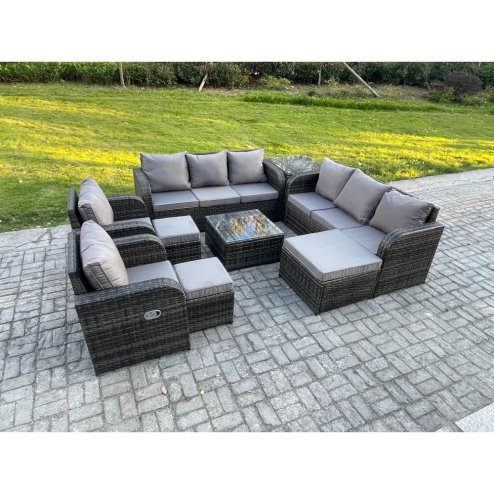 Fimous High Back Rattan Garden Furniture Set with Square Coffee Table 3 Footstools Side Table Indoor Outdoor Patio Lounge Sofa Set Dark Grey Mixed