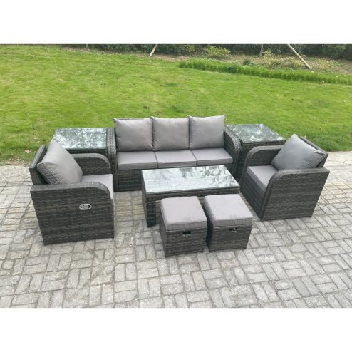 Fimous 7 Seater Rattan Garden Furniture Set with Rectangular Coffee Table 2 Side Tables 2 Small Footstools Patio Outdoor Lounge Sofa Set