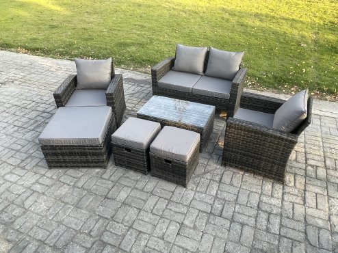 Fimous 7 Seater Outdoor Lounge Sofa Set Wicker PE Rattan Garden Furniture Set with Rectangular Coffee Table Double Seat Sofa 3 Footstools Dark Grey Mixed