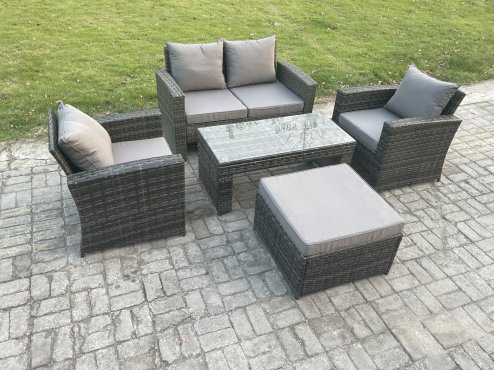 Fimous Outdoor Rattan Garden Furniture Set 5 Seater Patio Lounge Sofa Set with Coffee Table Big Footstool Dark Grey Mixed