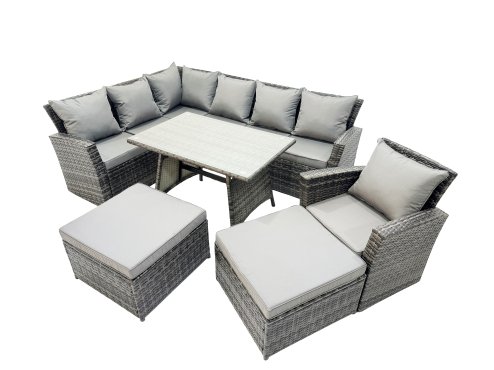 Fimous 9 Seat Rattan High Back Corner Sofa Set Patio Dining Table Set with Big Stool Dark Grey Mixed