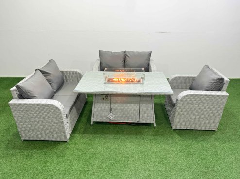 Fimous High Back Poly Rattan Garden Furniture Set with Reclining Chair Loveseat Sofa Firepit Dining Table Indoor Outdoor Patio Set Light Grey