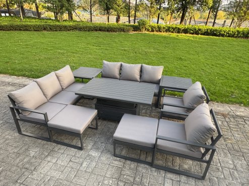 Fimous Garden Aluminium Furniture Set Dark Grey 10 Seater Outdoor Patio Adjustable Rising Lifting Dining Table with 2 Big Footstools Side Table Dark Grey