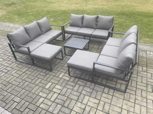 Fimous Aluminium Outdoor Garden Furniture Set Patio Lounge Sofa with Square Coffee Table 2 Big Footstools Conservatory Set Dark Grey